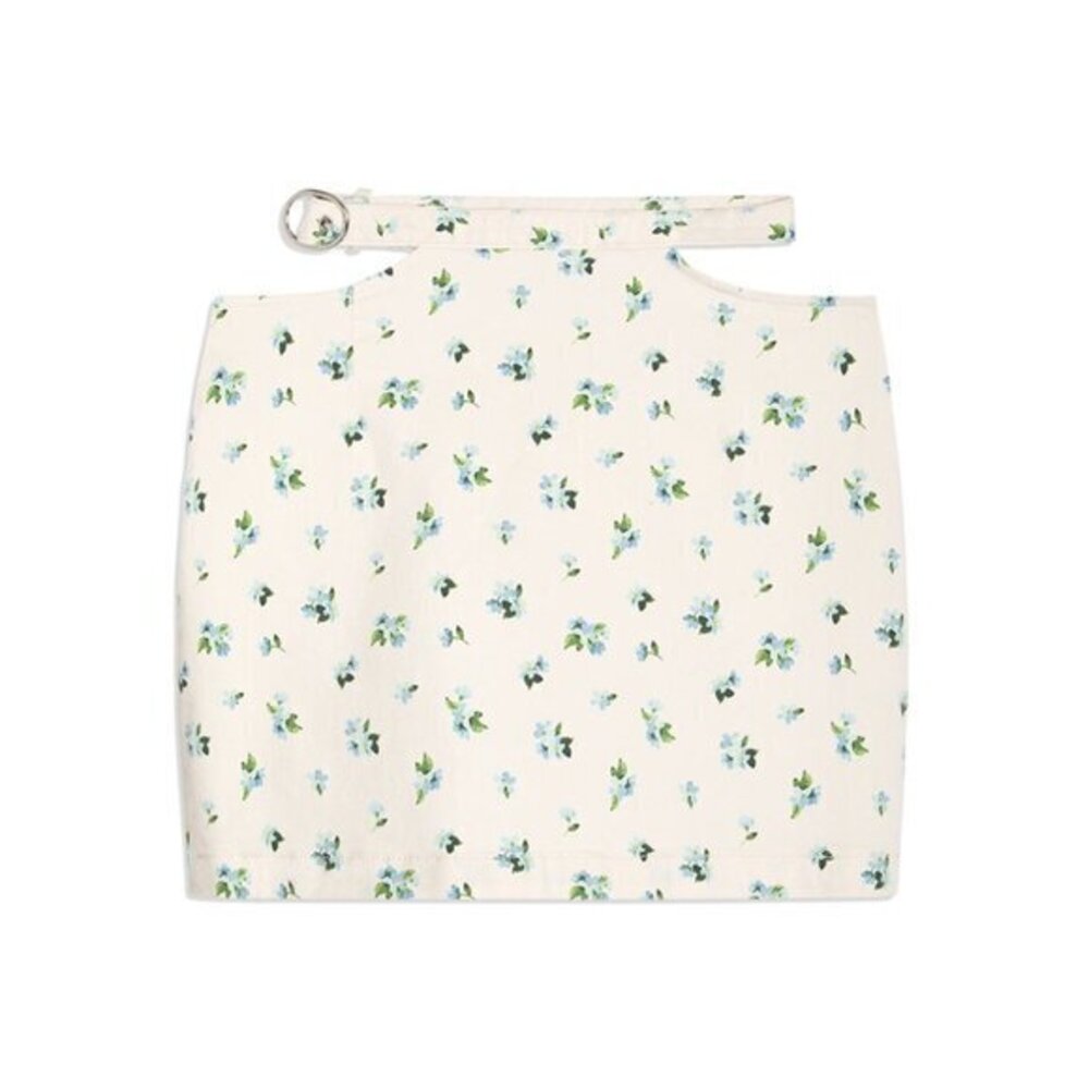 Cut Out Mini Skirt Ivory Multi Floral Belted Waist Side Cut-Outs WeWoreWhat M